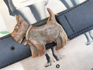 ceinture en cuir boucle chien en metal, made in France, T. 36