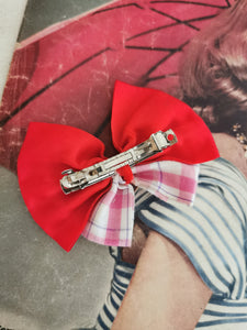 barette noeud en tissu rouge et carreaux , vintage années 80
