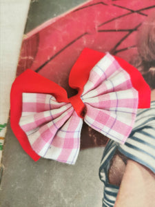barette noeud en tissu rouge et carreaux , vintage années 80