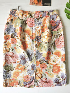jupe vintage taille haute à fleurs, lin et viscose, taille 40/ 42