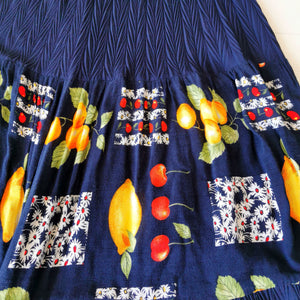 jupe vintage longue à motifs fruits colorés, taille 44