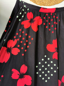 jupe vintage en coton à superbe motif pois et fleurs, taille 40