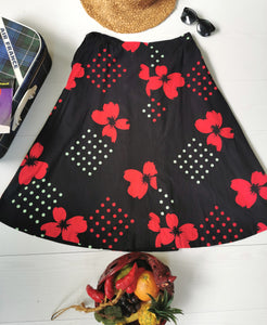 jupe vintage en coton à superbe motif pois et fleurs, taille 40
