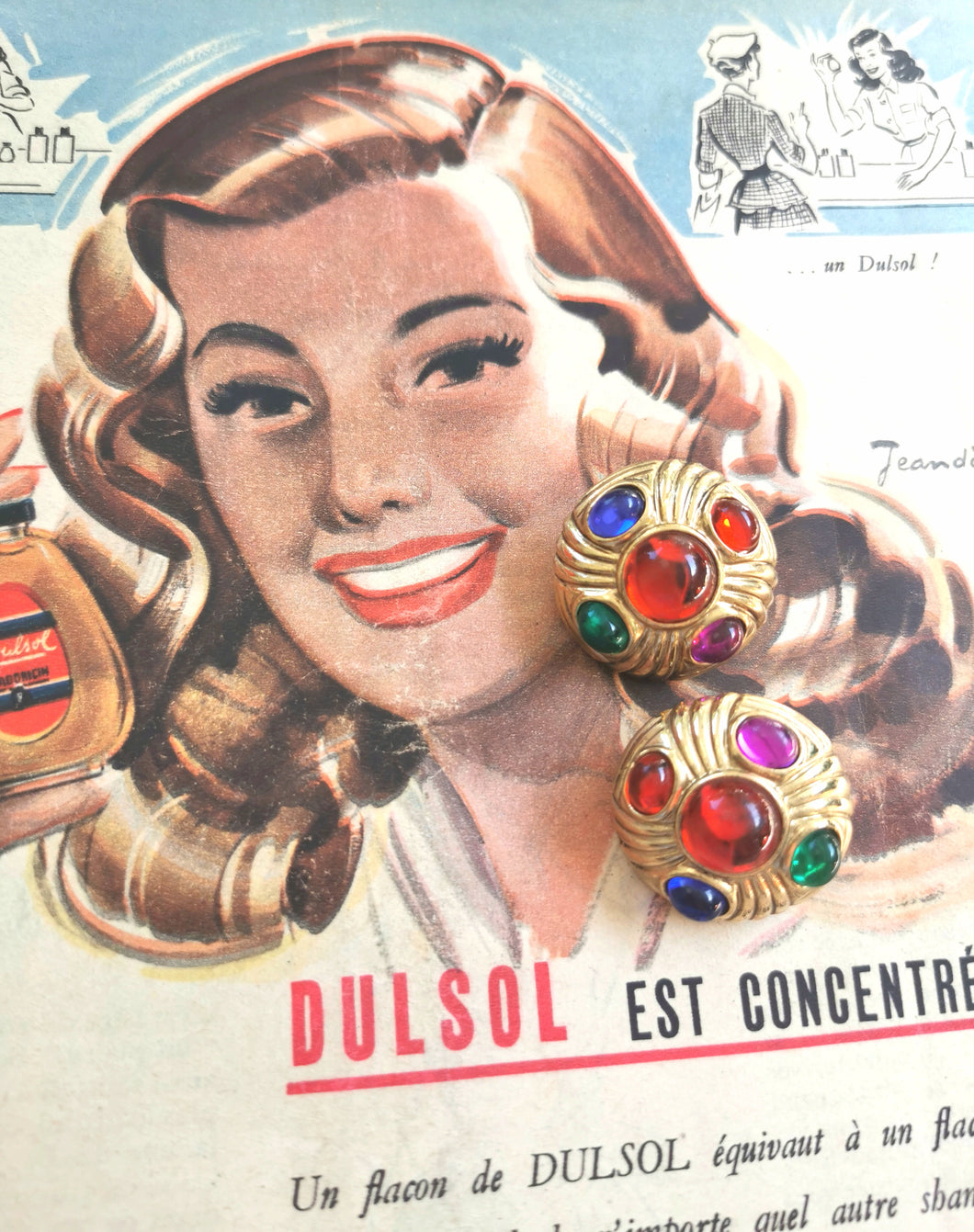 boucles d'oreilles clips vintage, cabochons multicolores