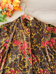 blouse vintage 80's en velours à motifs et col Mao, taille 36