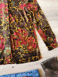 blouse vintage 80's en velours à motifs et col Mao, taille 36