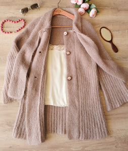 magnifique cardigan veste col lavallière en kidmohair bois de rose, tricoté main, tailles 36 et 38