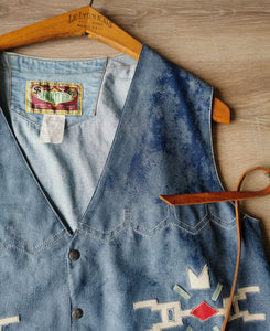 veston vintage en jean et skaï brodé, taille unique jusqu'à 42/44
